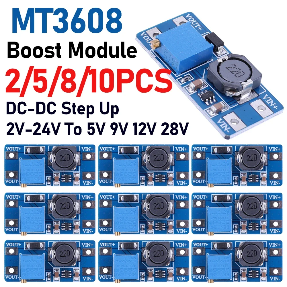 10-2 uds MT3608 módulo de fuente de alimentación de refuerzo DC-DC convertidor de aumento módulo de aplicación de energía ajustable 2A Max 2V-24V a 5V 9V 12V 28V