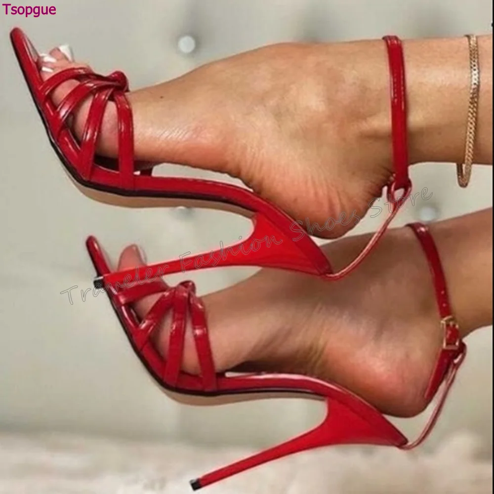 Red Open Toe Cross Strap Sandals Ankle Buckle Stilettos High Heels High Heel Shoes for Women Heels 2024 New Zapatos Para Mujere