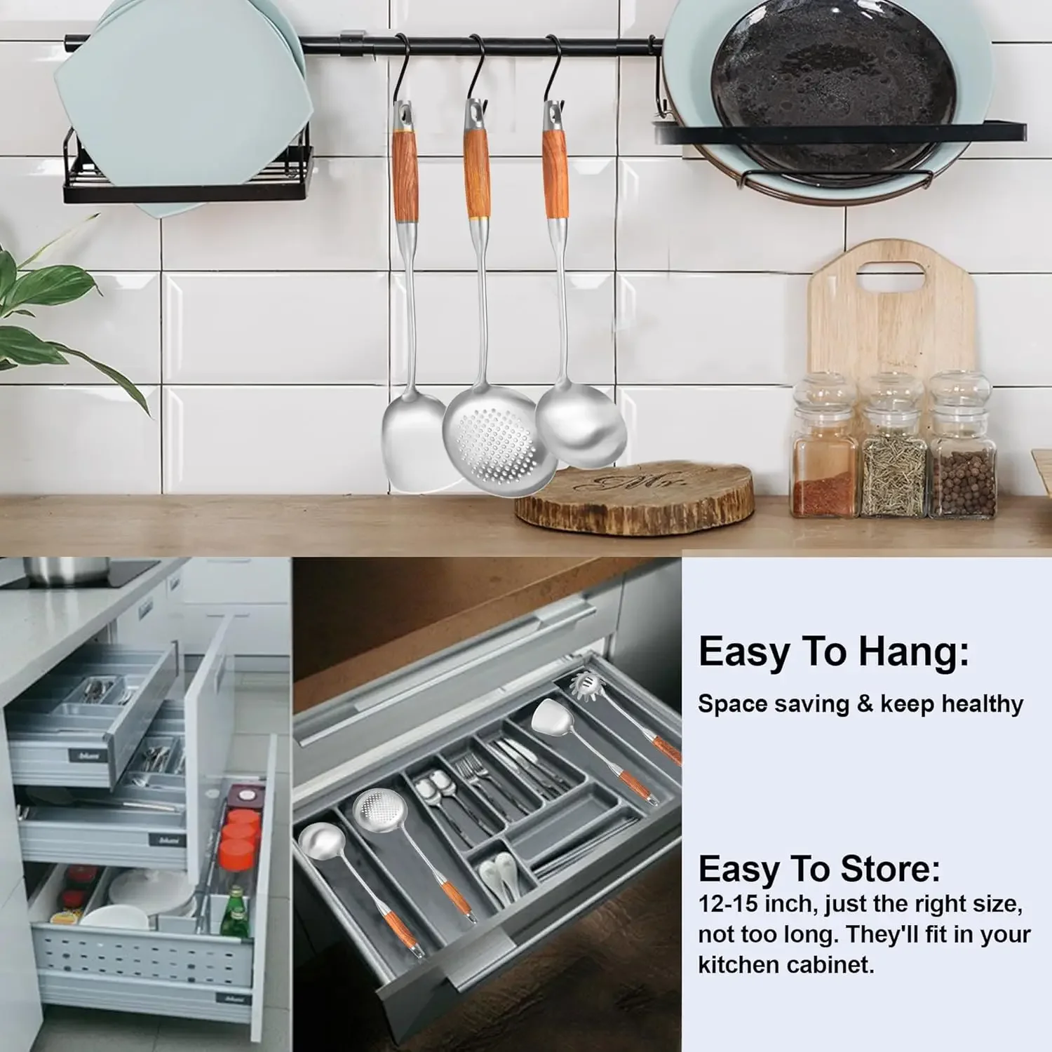 304 Stainless Steel Kitchen Utensils Set with Wooden Handle for Cooking 9 PCS with Solid Spoon, Slotted Spoon, Fork, Spatula