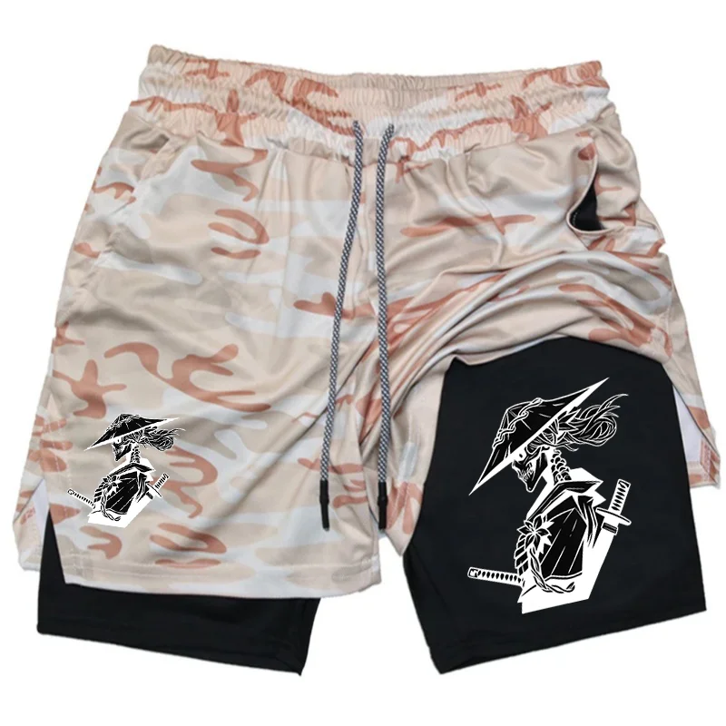 Skeleton Warrior Print Performance Shorts Men 2 in 1 Running Shorts Training Yoga Gym Sportswear Workout Shorts with Pockets