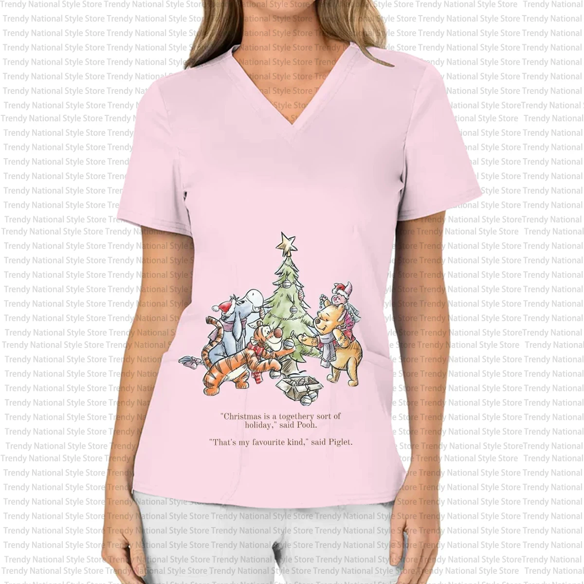 Disney Winnie de Poeh verpleegster dames ziekenhuis dierenwinkel T-shirt, dames werk verpleegster uniform bedrukte V-hals verpleegkundige matte top