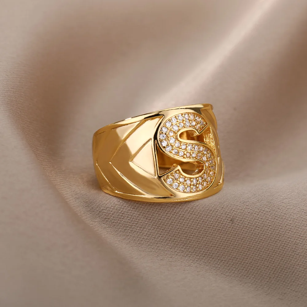 Chunky Wide Zircon Initial Letter Rings For Women Stainless Steel Opening Finger Ring Hip Hop Minimalist Jewelry Gift Femme