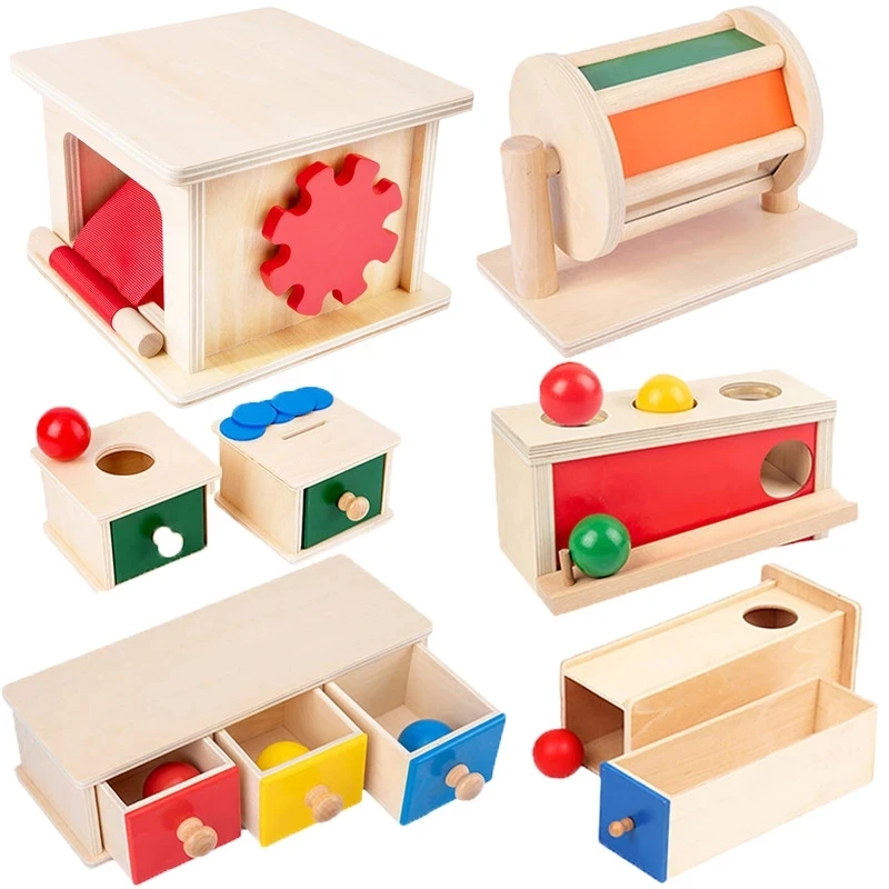 Montessori Wood Toys Winder Object Permanence Box Coin Box Drawer Game Textile Drum Teaching Aids Kids Sensory Toys Kindergarten