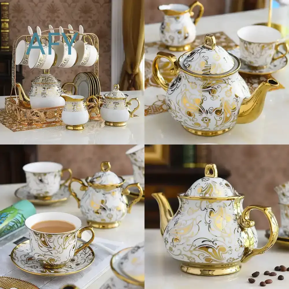Golden Ceramic Tea Set for Porcelain Coffee Cups Teapot Milk Sugar Jars with Holder Saucer Tea Accessories Kitchen Tableware