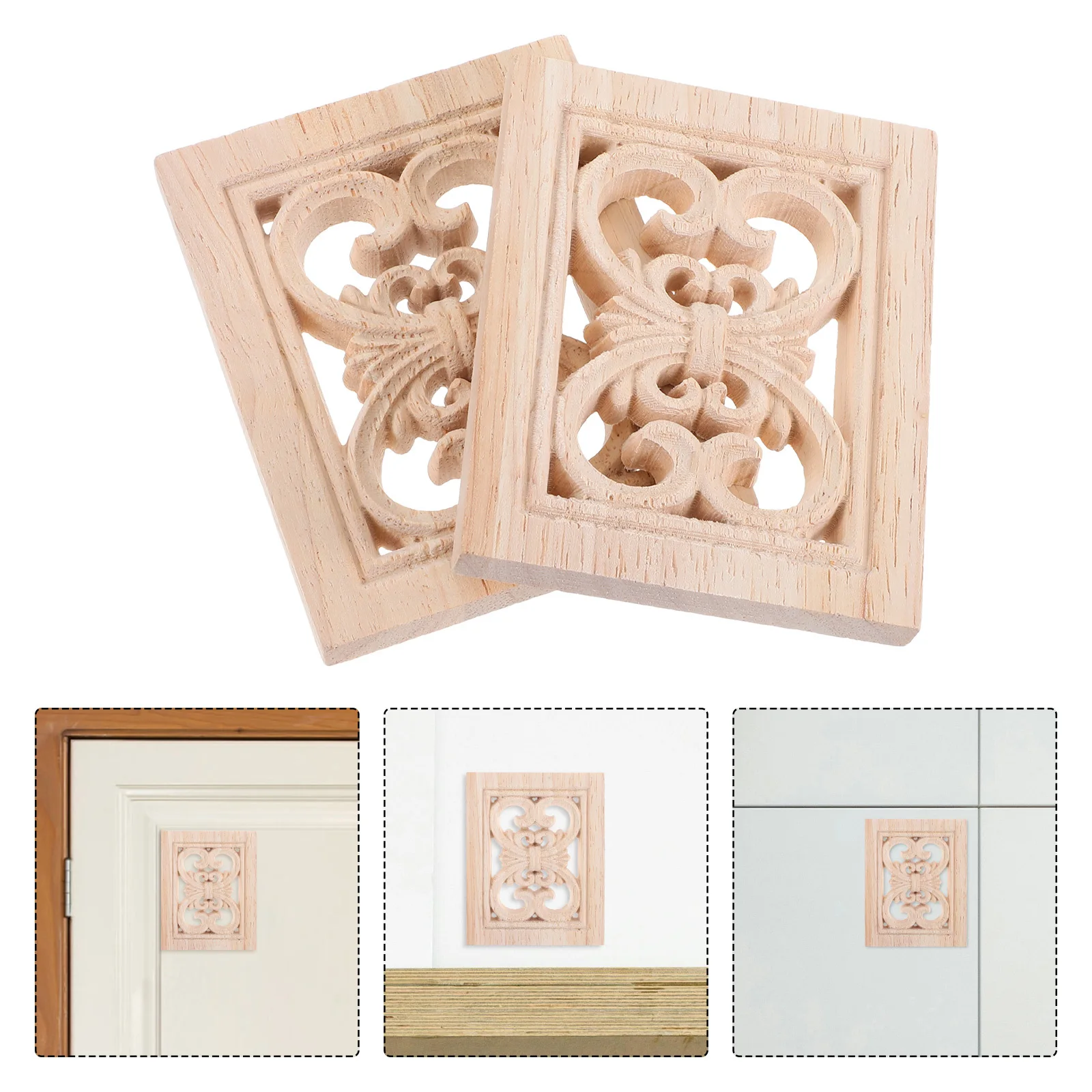 

2Pcs Solid Wood Hand-Carved Appliques Square Decorative Unpainted Furniture Onlays for Cabinet Wardrobe Door Home Decor Vintage