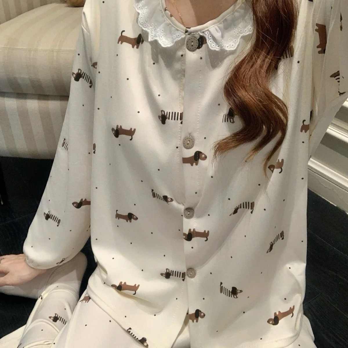 

Korean Style Floral Print Sleepwear Women's Spring Autumn Long Sleeve Lace Trim Cardigan Cloud Cotton Home Clothes Set