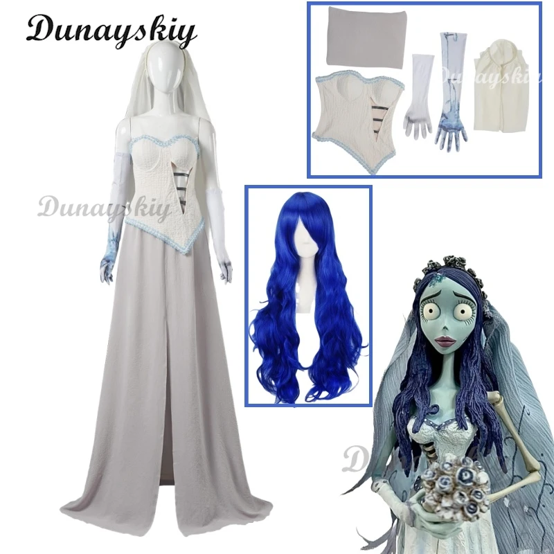 

Corpse Masquerade Bride Emily Cosplay Costume Wig Zombie Ghost Halloween Party Dress Customized Scary Gothic Poor Wedding Dress