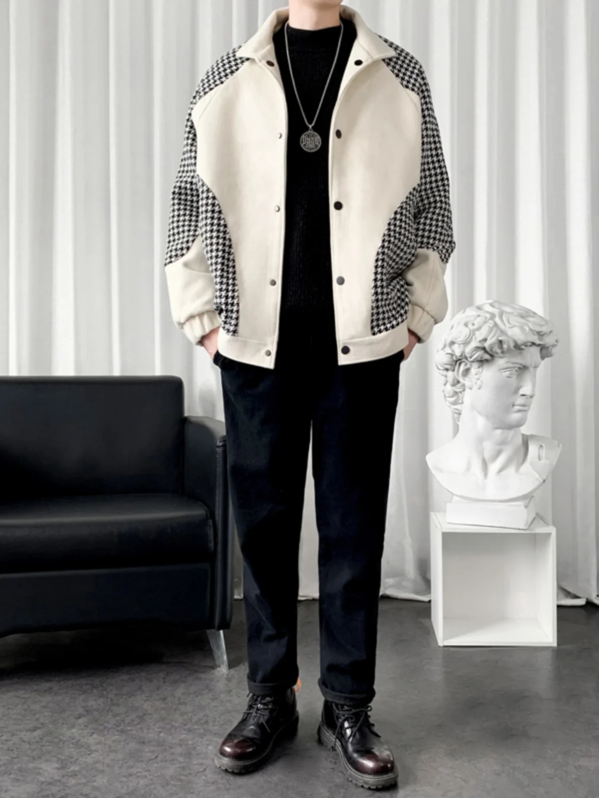 

Khaki Plaid Men's Jaet Spring Autumn Casual High-End Feel Coat Lightweight Mature Sle Faionable Youth Woolen Coat