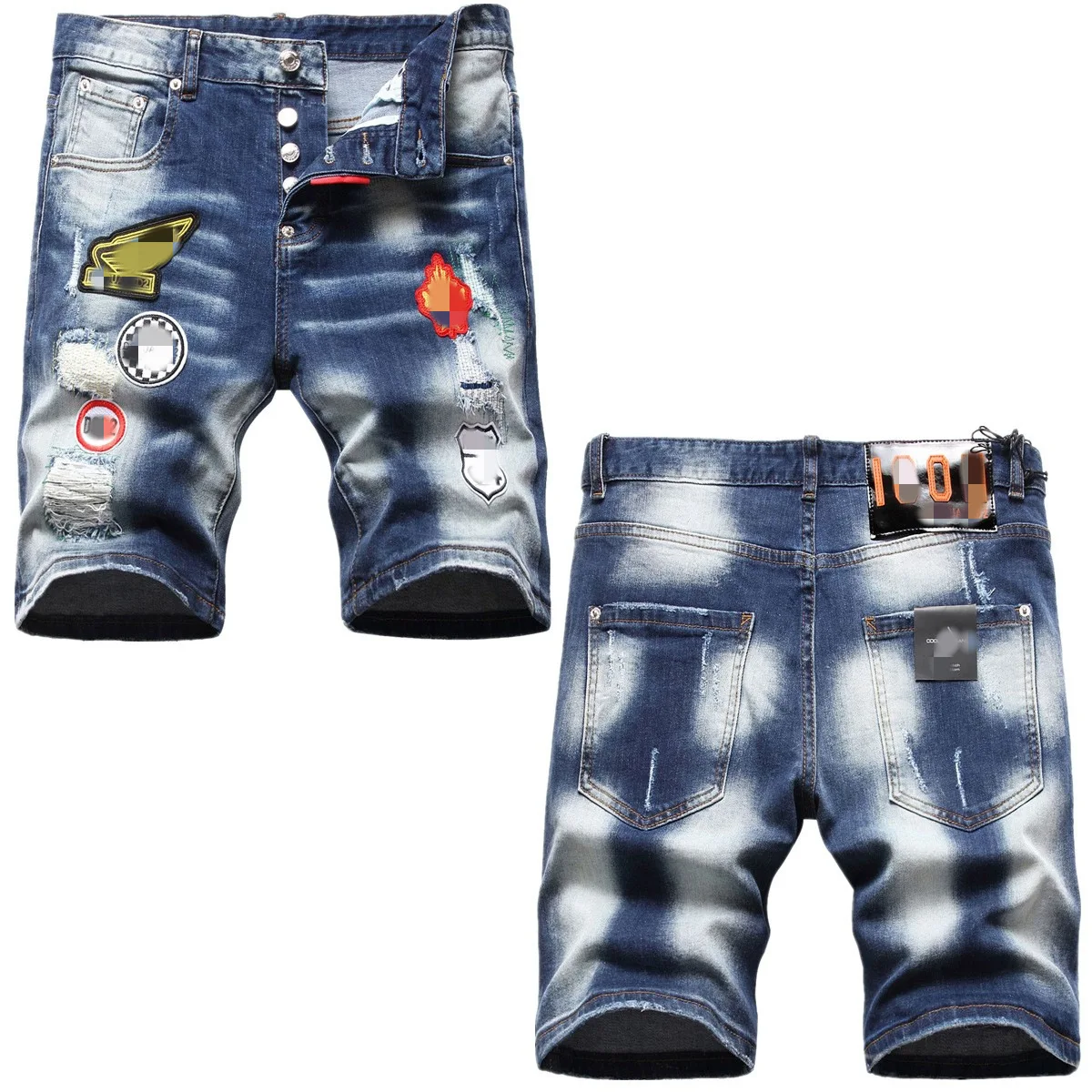 

New summer men's denim ripped embroidered badge shorts elastic rags patch fashion five-point mid-length pants trend