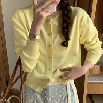 용수철 여성용 단색 니트 가디건 스웨터, 싱글 브레스트 슬림핏 O넥 스웨터, 캐주얼 스웨터 코트, 2024 가을 신상