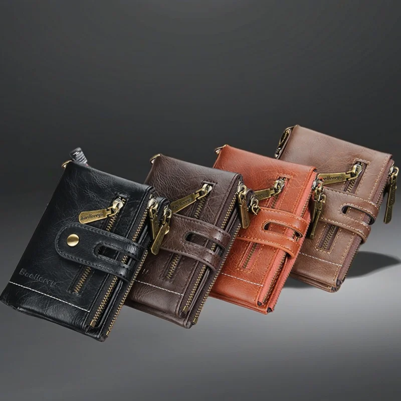 Premium Men's Short Wallet Large Capacity Anti-Lost Chain Double Zipper Purse Multiple Card Slots