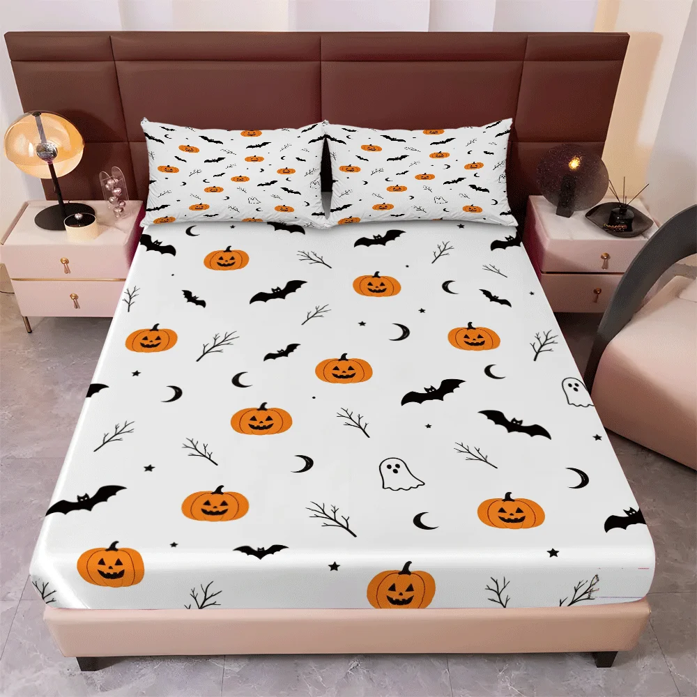 Halloween Mattress Protector, 1 Fitted Sheet + 2 Pillowcases (Without Filling) 2D Flat Printing, Anti-Wrinkle Mattress Cover, Fitted Sheet Protector, Mattress Protector, Elastic Fitted Sheet Cover King/Twin/Queen Size Three-Piece Comfortable Decorative 2D Printed Bedding Set, Includes Deep Pocket Fitted Sheet and Two Pillowcases, Does Not Include Pillow Inserts, Machine Washable