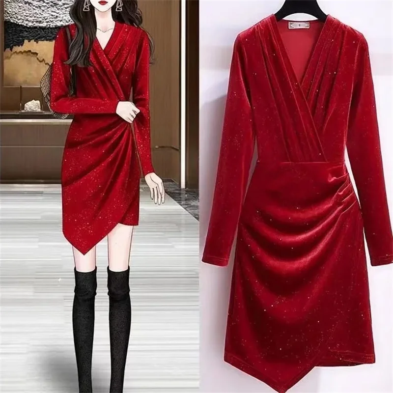 Golden Velvet Dress Autumn And Winter New Western Style Wear Sequin Dress Slim Fit Show Thin Gift Dress Hepburn Style Black Dres