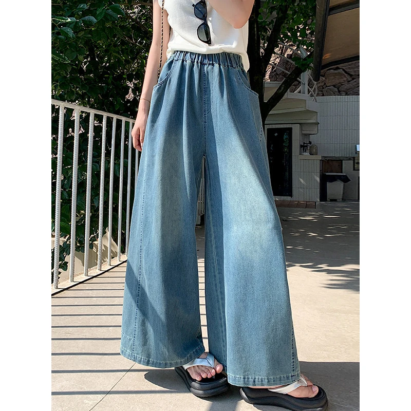 Blue Jeans for Women 2026 Autumn Elastic Waist Straight Wide Leg Pants 100% Cotton High Street Fabric Drape Long Trousers
