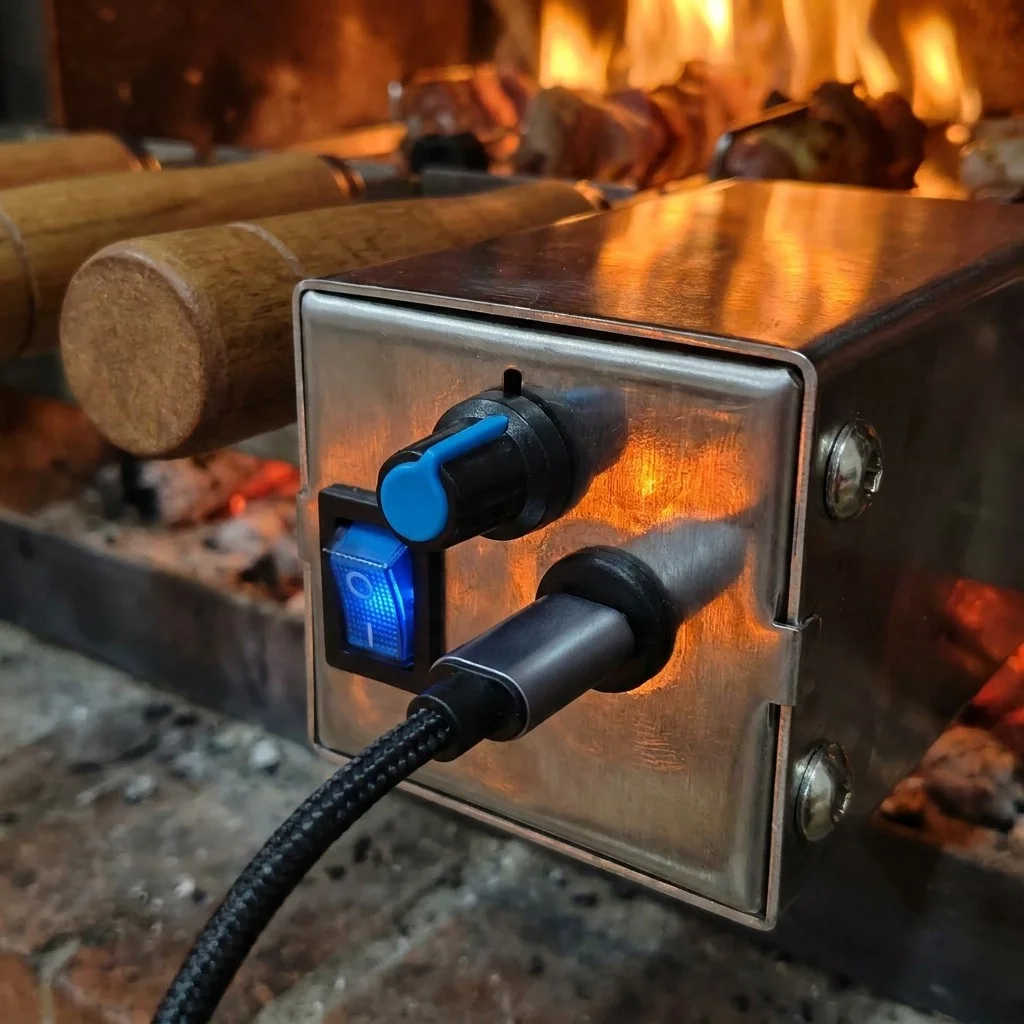 Built-in Rotating Cyprus Kebab Grill Foukou Chain Drive Rotisserie BBQ Spit Kit Equipped with USB-C Electric Motor