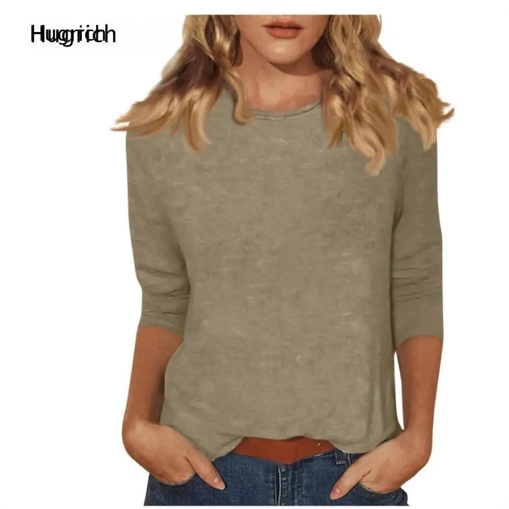 Women Crew Neck 3/4 Sleeve Solid Royal Blue T Shirt Soft Stretchy Loose Fit Casual Basic Daily Pullover Blouse Top