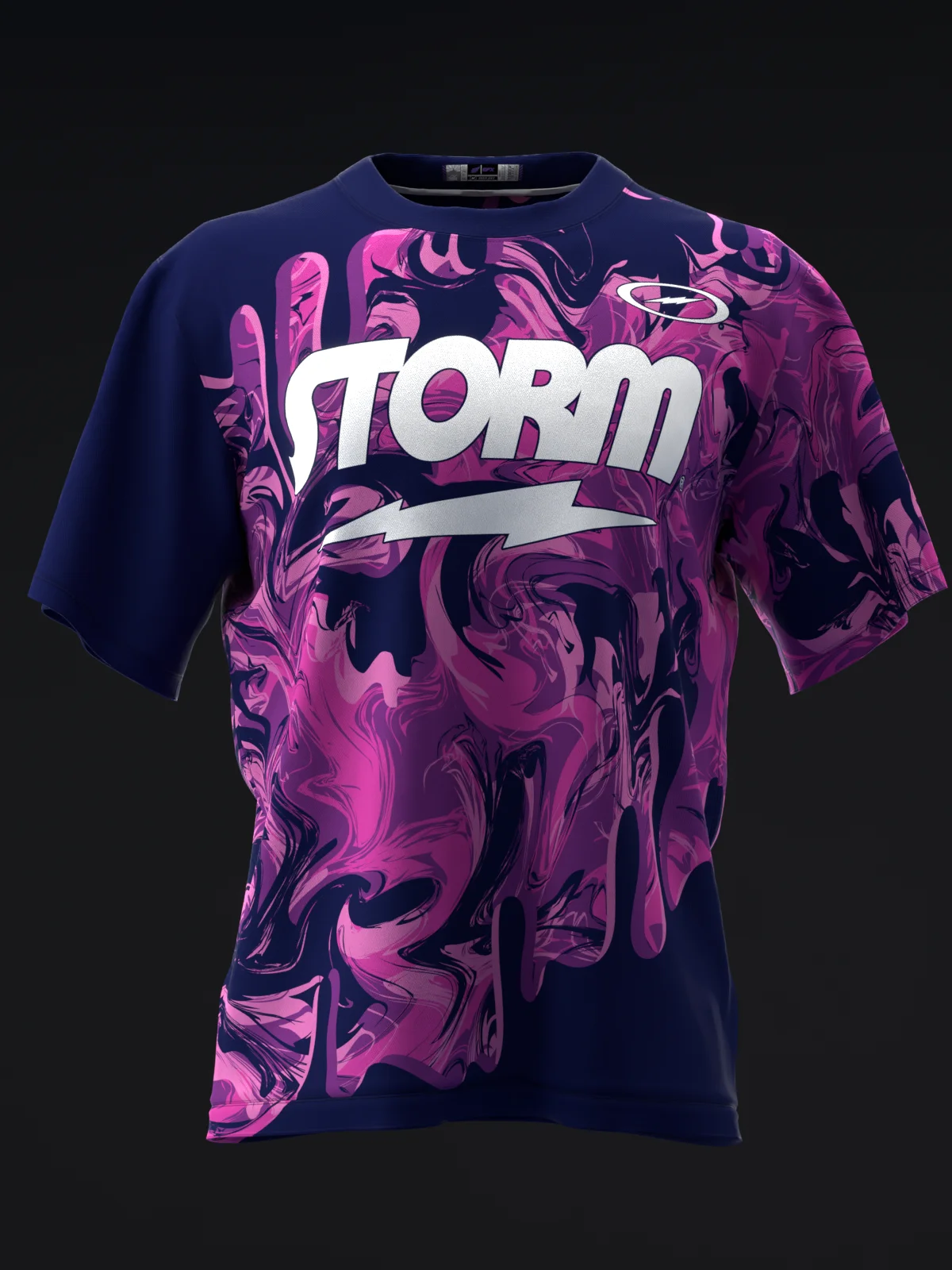 Storm Bowling Jersey, Men's Mesh Short Sleeved Bowling Shirt with Navy Blue, Pink Purple Fluid Drip Paint