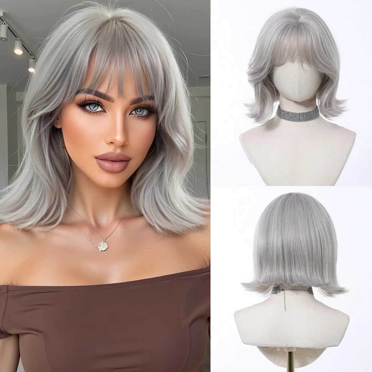 Short Grey Ash Natural Wavy Synthetic Wigs for Women Daily Silver Gray Halloween Lolita Cosplay Hair Party Wigs Heat Resistant