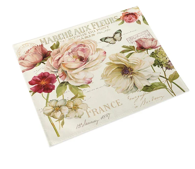 Shabby Chic Placemat Rice Paper Decoupage Stamperia Linen Table Decor Vintage Flower Coaster Pad Bowl Coffee Cup Mat 45x30cm