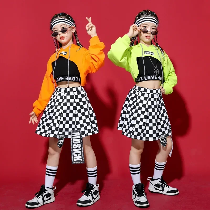 Hoodie Sweatshirt Crop Top Long Sleeve T Shirt Streetwear Checkered Skirt Girl Dance Costume Clothes Kid Hip Hop Clothing