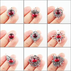 Fashion New Clover Flower Cross Crown Teardrop Charms Connectors 10mm Red Glaze Tibetan Silver Plated Pendants Retro