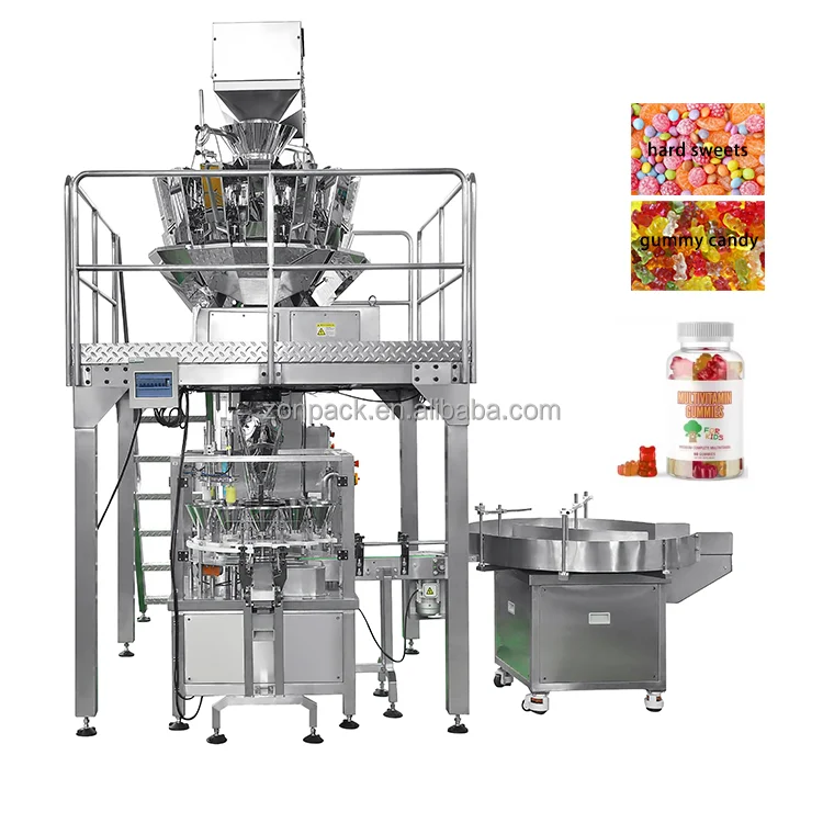 Automatic Vitamin gummies candy packaging plastic glastic jars/bottles filling and capping machines