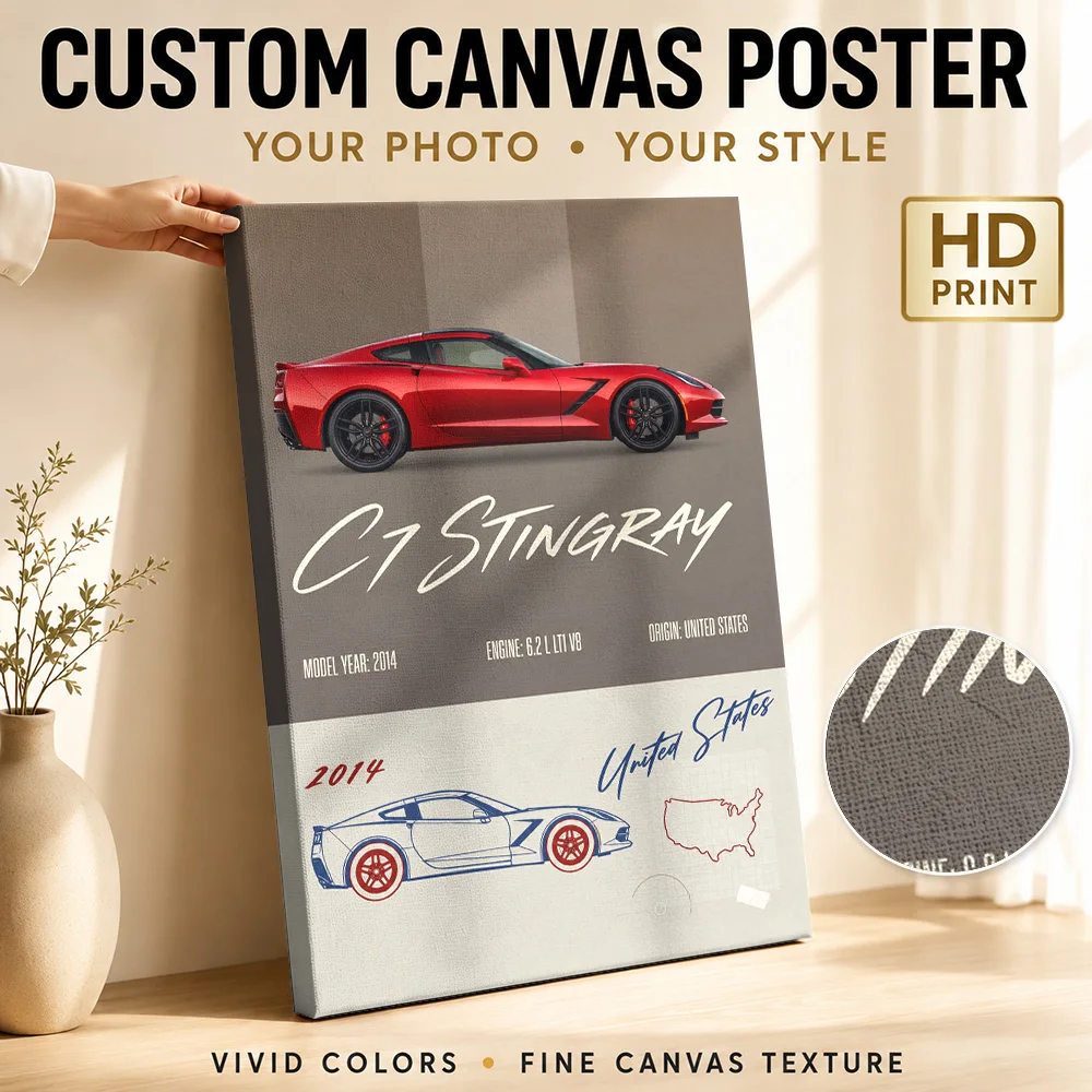 American C7 Stingray Red Sports Car Canvas Posters Retro Style Wall Art With Customized Photo For Living Room Ideal Driver Gift