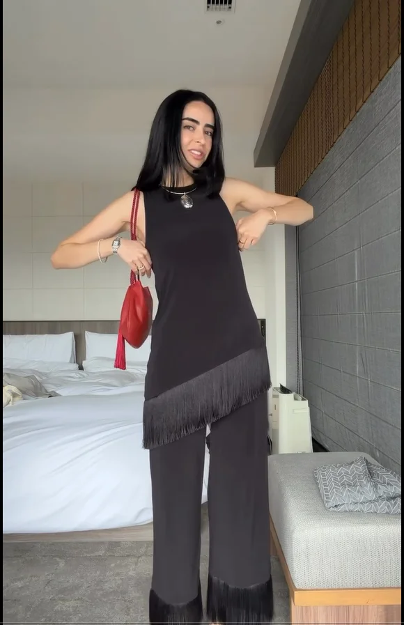 

Fringe Detail Matching Pant Set Irregular Hem Sleeveless Blouse Cuff Fringed Wide Leg Trouser 2026 Club Night Women Daily Wear