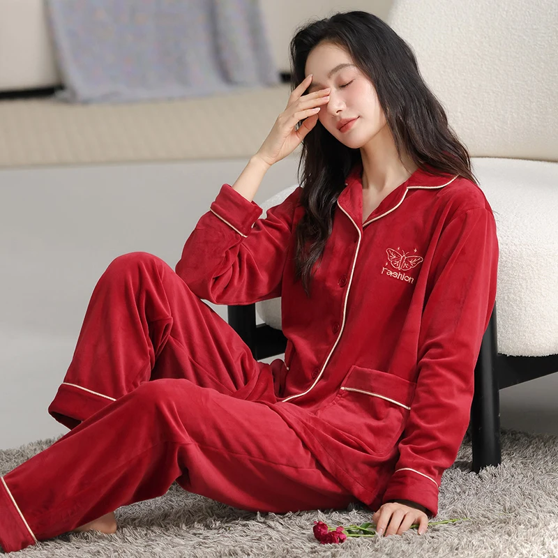 

Зимний женский пижамный комплект большого размера M-4XL, теплая фланелевая одежда для сна, женская плотная ночная рубашка