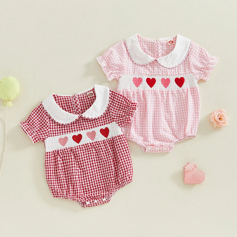 Newborn Baby Girl Smocked Romper Heart Embroidery Peter Pan Collar Short Sleeve Bubble Bodysuit Valentines Outfits