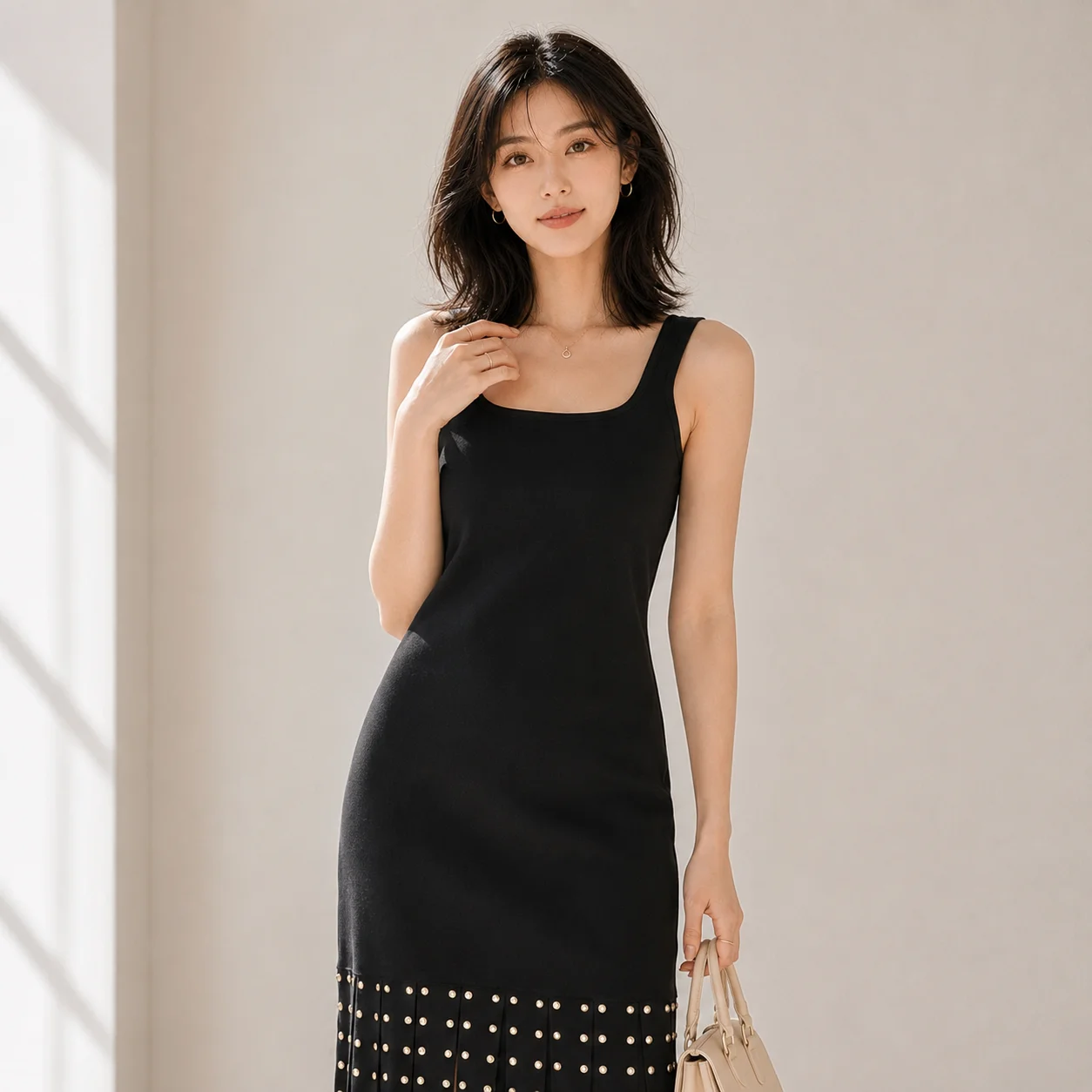Black Sleeveless Knitted Dress Slim-Fitting Fringed Hem Spring-Summer 2026 Design Sense Hot Drilled Temperament