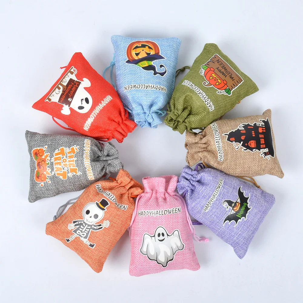 50pcs/Lot New Luminous Halloween Gift Pouches Drawstring Linen Bags Candy Cookie Decorative Packaging Bag Children's Pouch