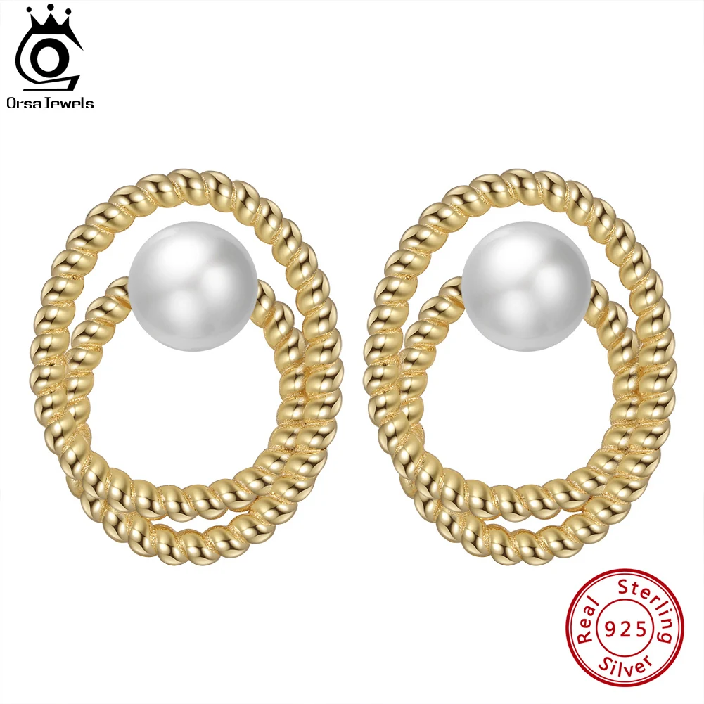 

ORSA JEWELS 925 Sterling Silver 14K Gold Screw Thread Earrings with Natural Freshwater Pearl for Women Anniversary Jewelry GPE26