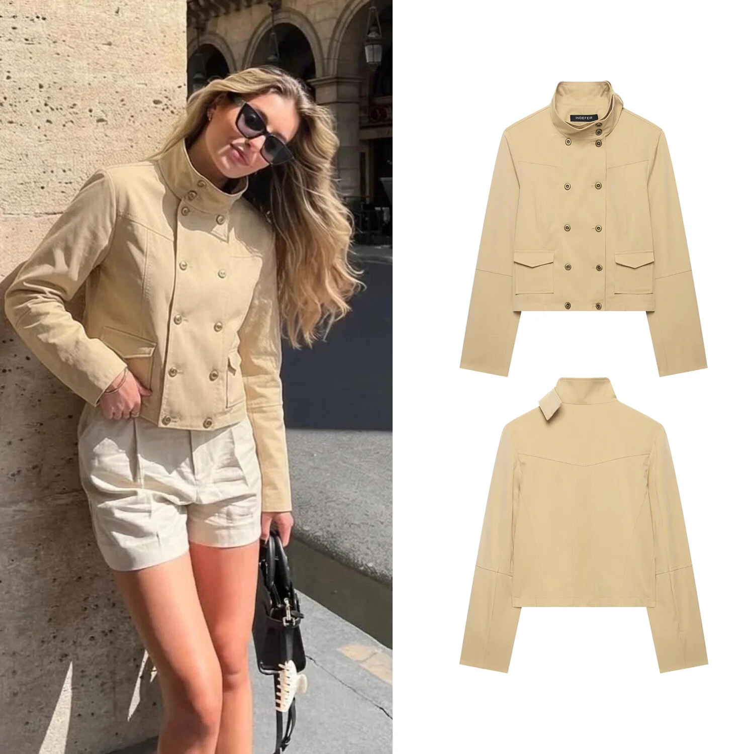 Women's Slim Short Jackets Spring Autumn Female High-Necked Double Row Metal Buckle Casual Coats Lady Chic Street Jackets Tops