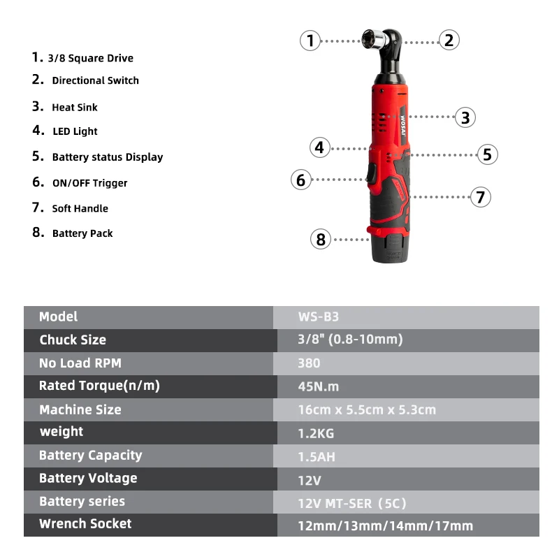 VVOSAI 45NM Cordless Electric Wrench 12V 3/8 Ratchet Wrench set Angle Drill Screwdriver to Removal Screw Nut Car Repair Tool