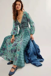 Summer Beach Maxi Dress Women Floral Print Boho Long Chiffon Dress Ruffles Wrap Casual V-Neck Split Sexy Party Dress Robe Femme