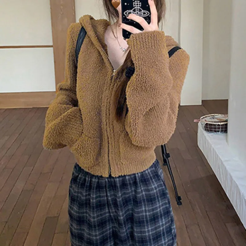 

Вязаный кардиган с капюшоном и двойной молнией, женский мягкий удобный однотонный универсальный топ с длинными рукавами для отдыха