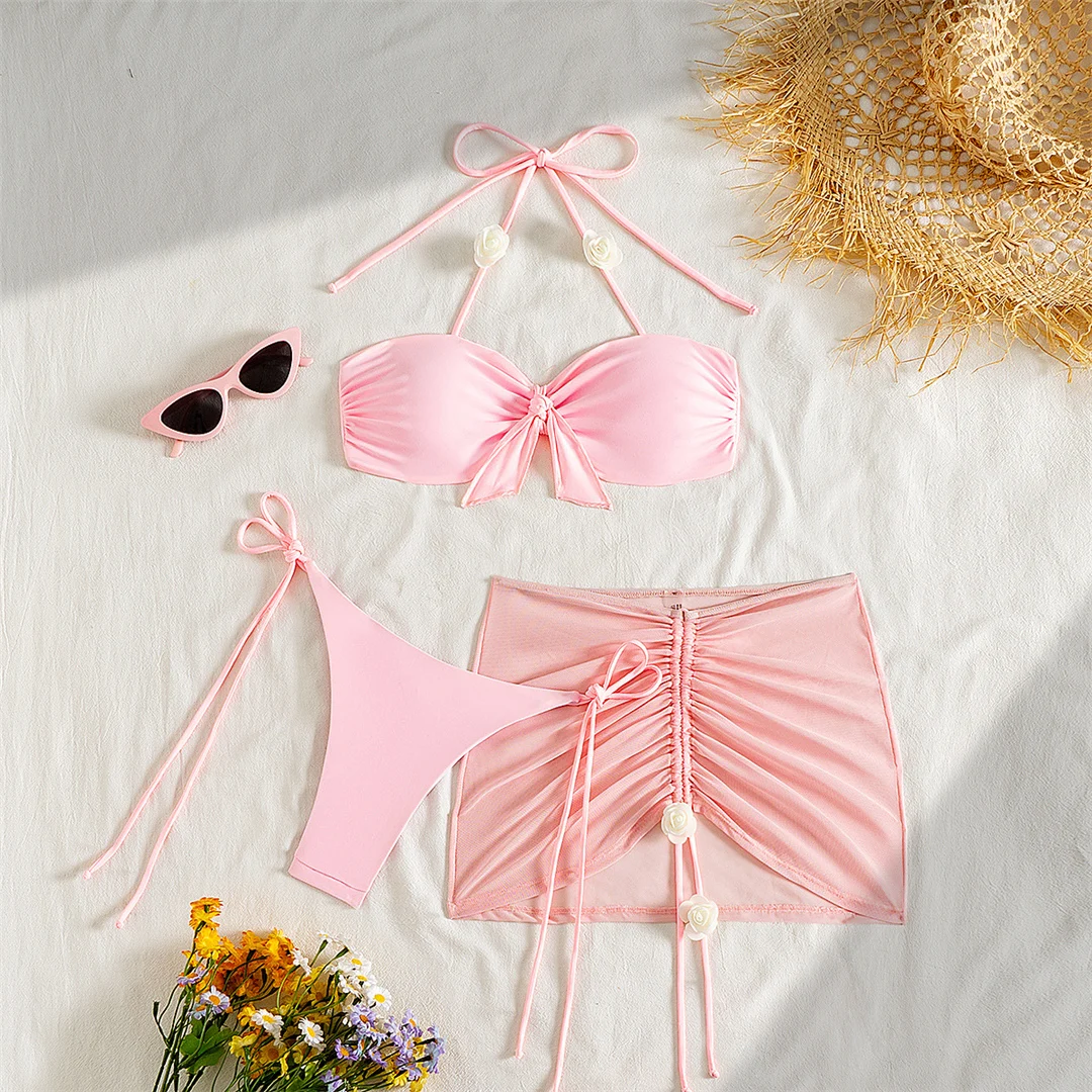 3-teiliges Set mit Rock, 3D-Blumen, Neckholder-Bikini, Damen-Badeanzug, Damen-Bademode, dreiteiliges Bikini-Set, Badebekleidung, Badeanzug, Schwimmanzug V6940 – Detail 2
