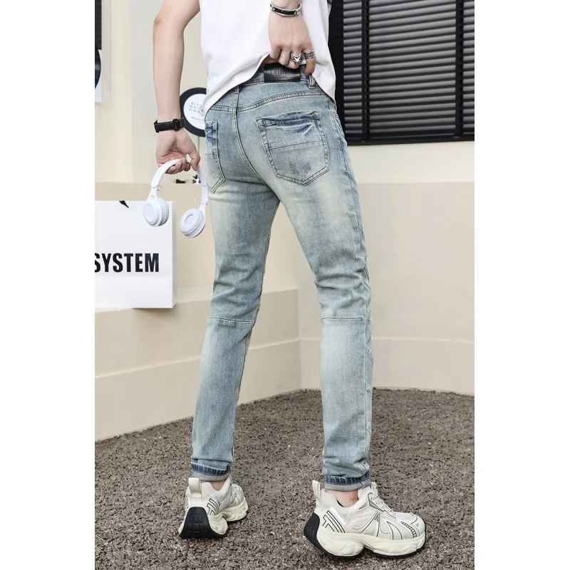 Fashion jeans men2024new trendy unique Stretch Slim high-end retro washed splicing machine long pants