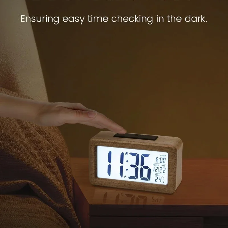 1PC Clock with Large LCD Backlit Display Alarm Clock Wooden Bedside  Temperature Snooze Function Brightness Sensor
