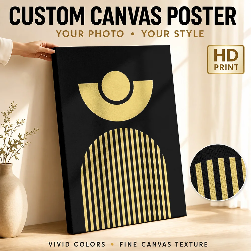 Gold Arch And Circular Motif Canvas Poster Personalized Photo Geometric Wall Art For Loft Living Room, Interior Stylist Gift