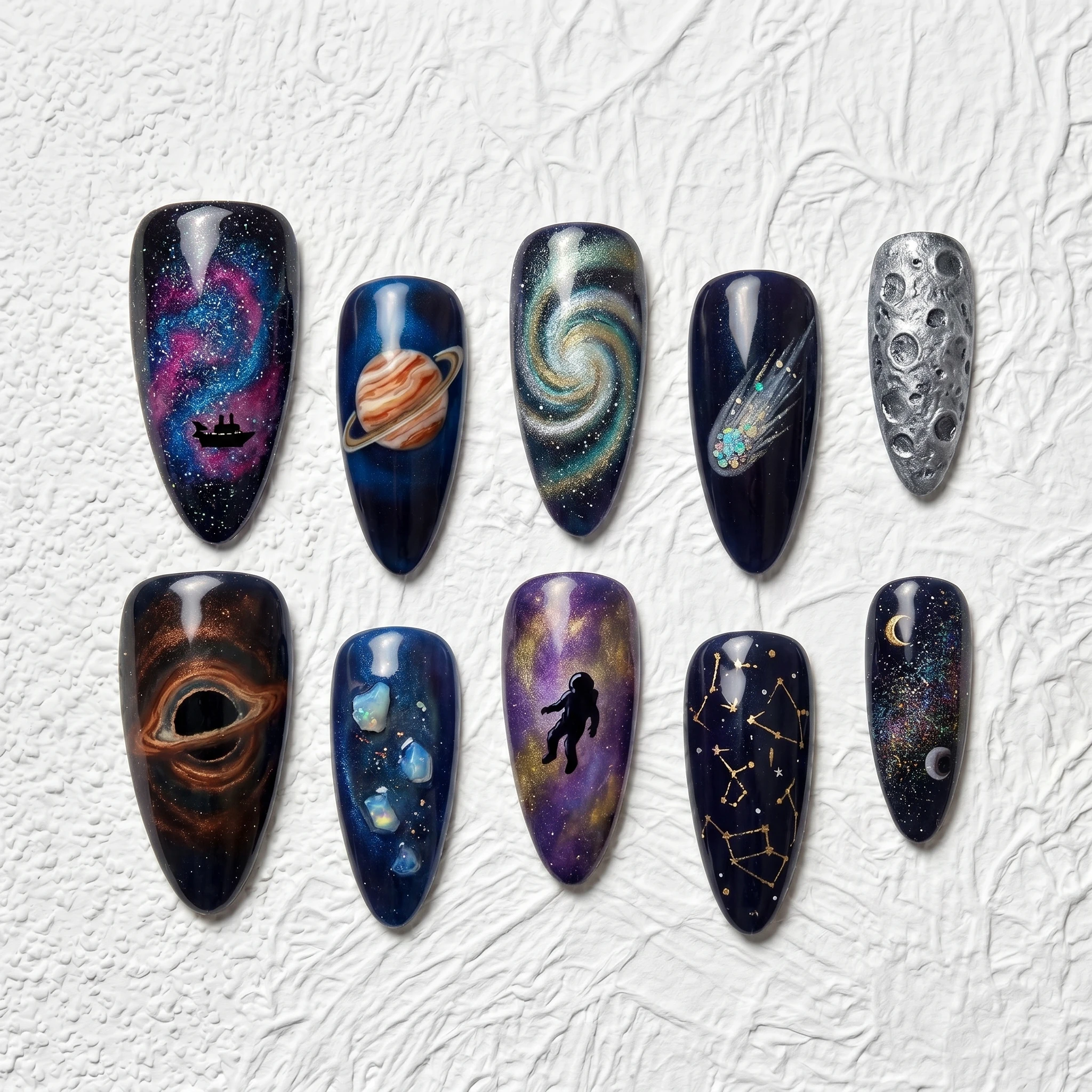 

Artisan Handcrafted 10PCS Space Universe Stiletto Press-On Nails | Galaxy Swirls, Planets, Stars, Party Wear Salon Finish