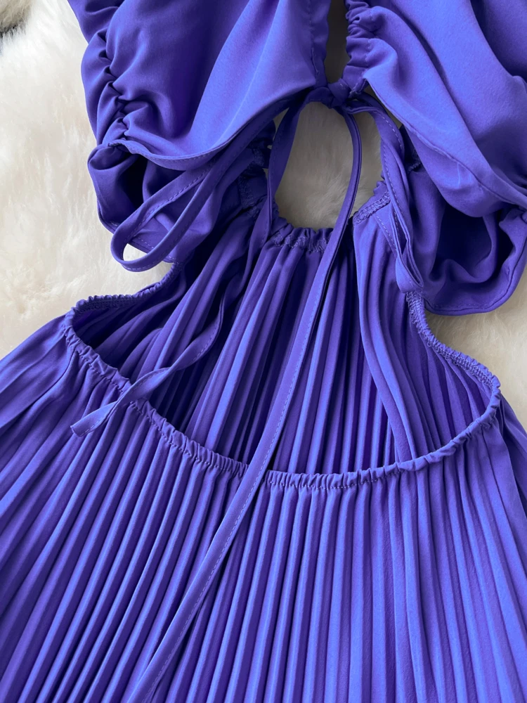 Sexy Hollow Out Beach Dress Women Hanging Neck Long Dresses Summer High Waisted Slim A-line Pleated Purple Dresses Long Robe