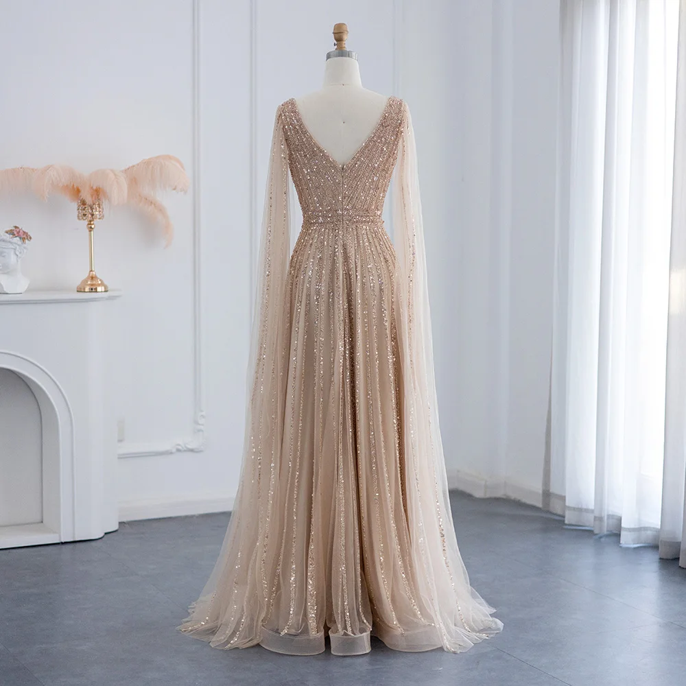 Sharon Said Luxuriöse Champagner-Abendkleider mit Cape-Ärmeln, Arabisches Grün-Nude Ballkleid für Damen, Hochzeitsfeier SS322 Maßanfertigung – Detail 13