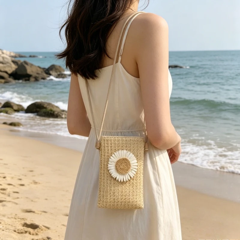 

Fashion Mini Crossbody Bag, Woven Daisy Flower Shoulder Purse Bags for Summer Beach, Woman Travel Casual Versatile Bag Use