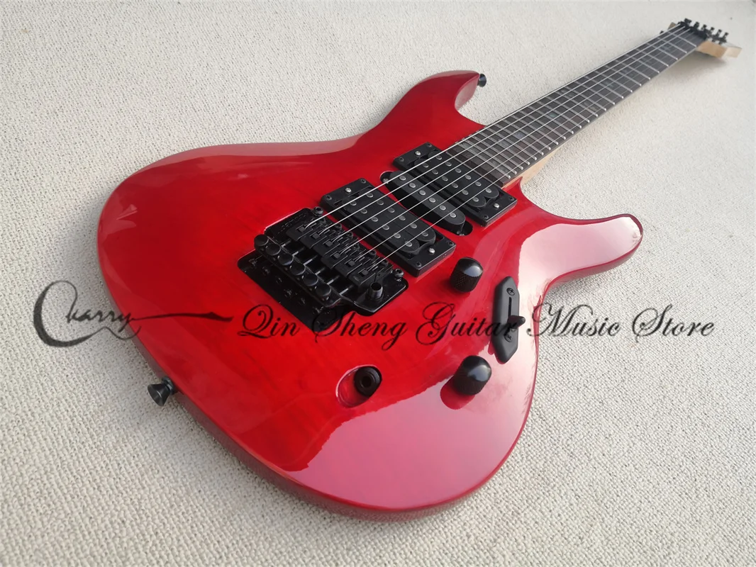 Red Electric ELectric Guitar Ultrathin Body Flamed Maple Top Tremolo Bridge  Color Shell Inlay 21-24 Fret Grooves Black Tuners