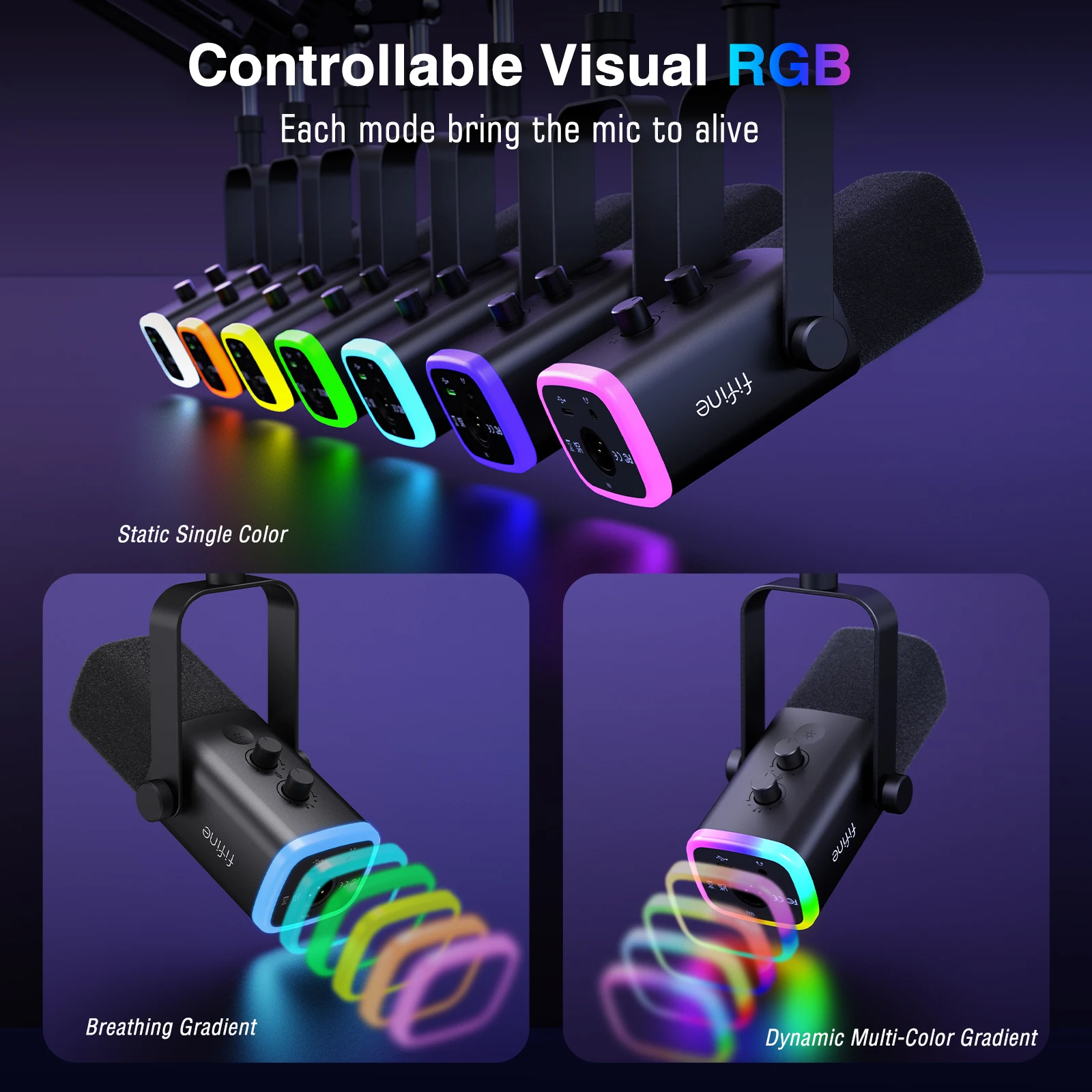 Imagem -04 - Fifine-kit de Microfone Xlr Dinâmico com Braço Boom para Mixergaming Usb Mic Grupo Rgb Controle de Volume para pc Ps5 Ps4 Amplificador Am8t