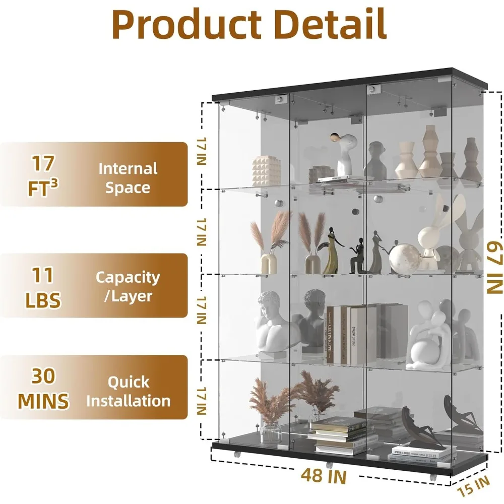 4-Shelf Glass Display Cabinet with Mirror & Lock，Tempered Glass Curio Display Cabinet 3 Doors，Bookshelf Showcase