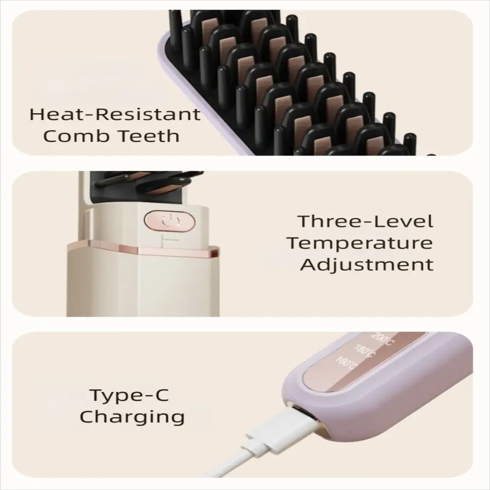 New Wireless Hair Straightener with Lid Type-C Straight Hair Comb Rechargeable 3 Temp Settings Straightening Comb view 5