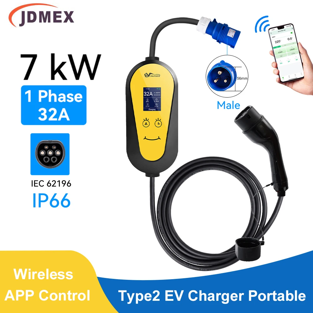 JDMEX 7KW Type2 EV Charger Portable 32A 1Phase Adjustable Current EVSE Charging for Electric Vehicle With Wireless APP Control